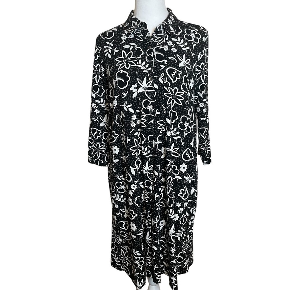 J. Jill‎ Shirt Dress Small Black Floral Print Button Front Stretch Cotton Knit